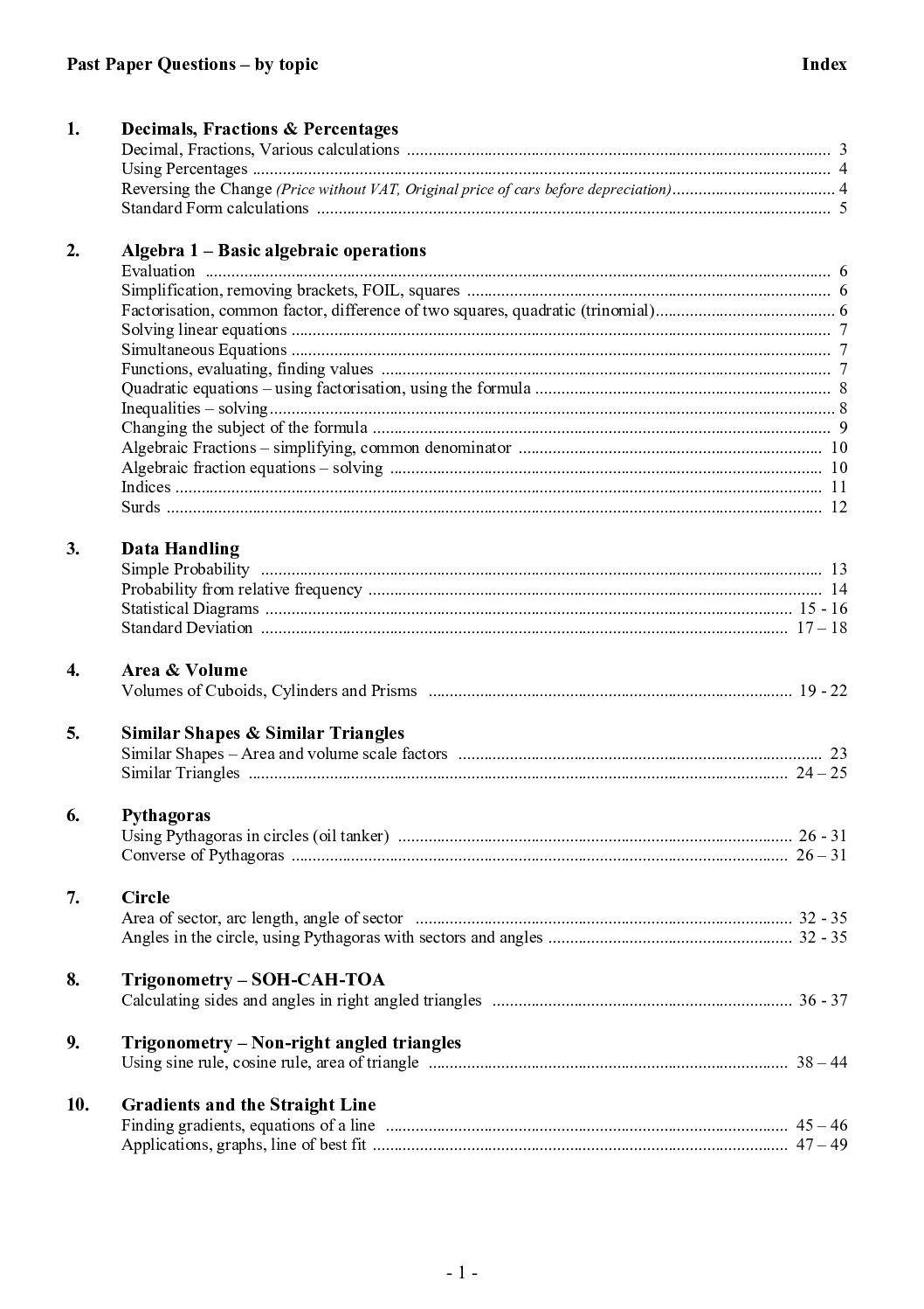 MATHEMATICS PAST PAPERS BY TOPIC